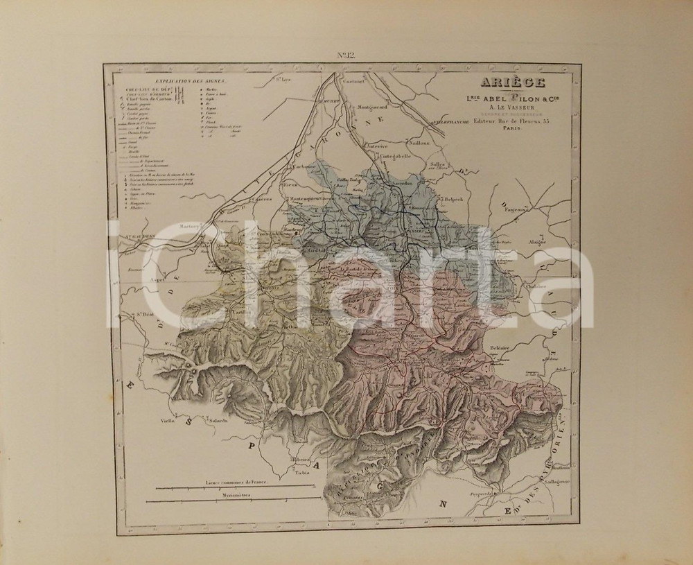 Stampa, bozzetto originale 1870 ca Grand Atlas DÃ©partemental de la France  AriÃ¨ge Ed. PILON Tav. 12 Mappa 1
