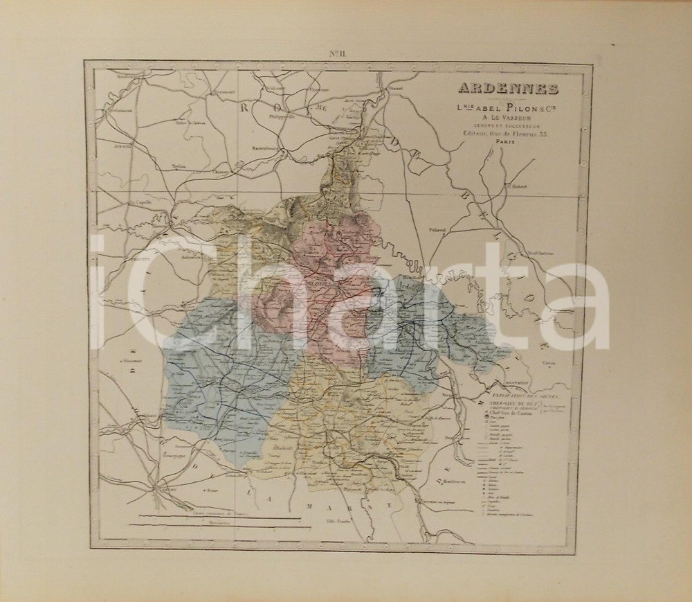 Stampa, bozzetto originale 1870 ca Grand Atlas DÃ©partemental de la France  Ardennes PILON Tav. 11 Mappa 1