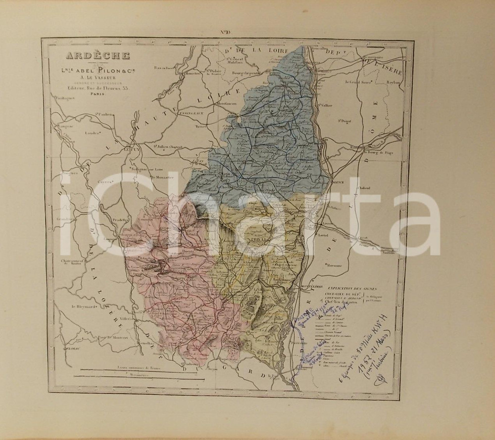 Stampa, bozzetto originale 1870 ca Grand Atlas DÃ©partemental de la France  ArdÃ¨che Ed. PILON Tav 10 Mappa 1