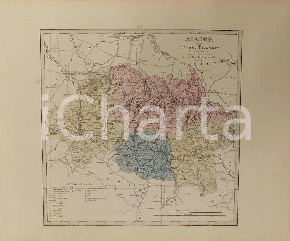 Stampa, bozzetto originale 1870 ca Grand Atlas DÃ©partemental de la France  Allier Ed. PILON Tav. 6 Mappa 1