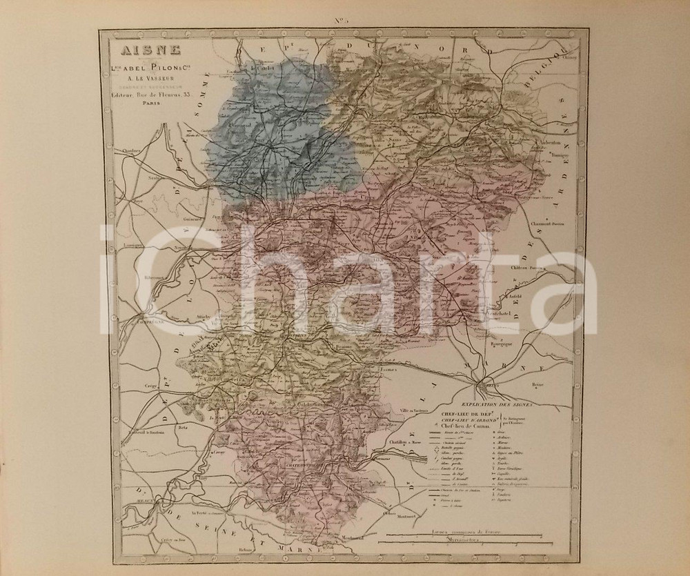 Stampa, bozzetto originale 1870 ca Grand Atlas DÃ©partemental de la France  Aisne Ed. PILON Tav. 5 Mappa 1
