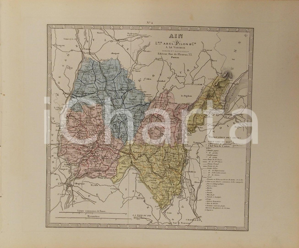 Stampa, bozzetto originale 1870 ca Grand Atlas DÃ©partemental de la France  Ain Ed. PILON Tav. 4 Mappa 1