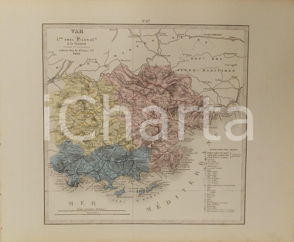 Stampa, bozzetto originale 1870 ca Grand Atlas DÃ©partemental de la France  Var Ed. PILON Tav. 87 Mappa 1