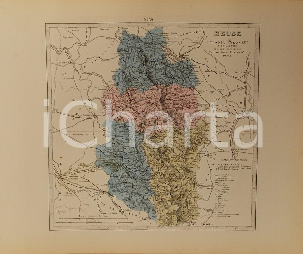 Stampa, bozzetto originale 1870 ca Grand Atlas DÃ©partemental de la France  Meuse Ed. PILON Tav. 59 Mappa 1