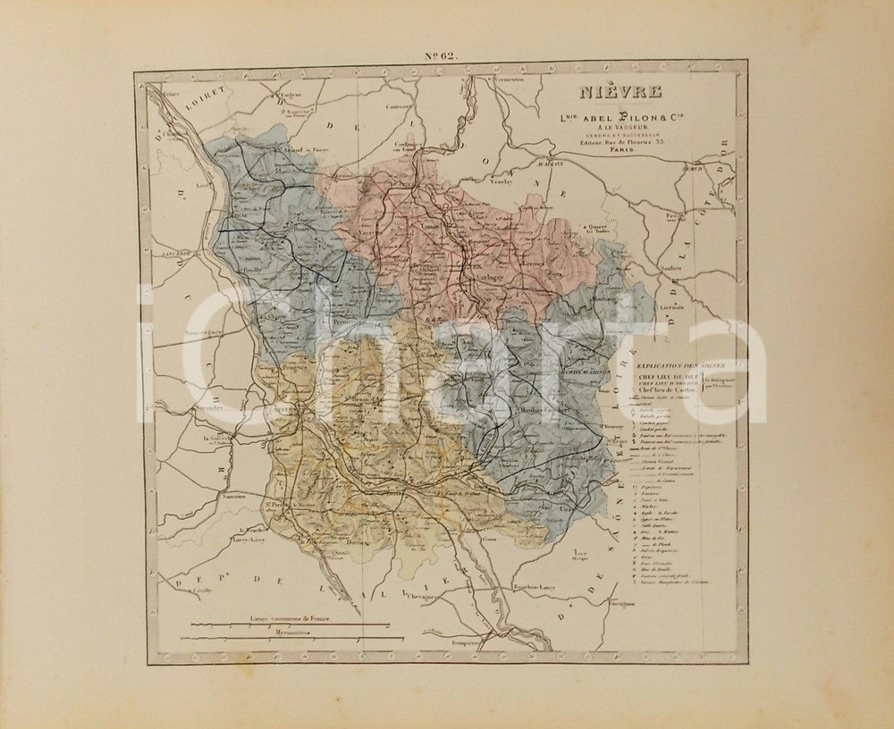 Stampa, bozzetto originale 1870 ca Grand Atlas Départemental de la France  NiÃ¨vre Ed. PILON Tav. 62 Mappa 1