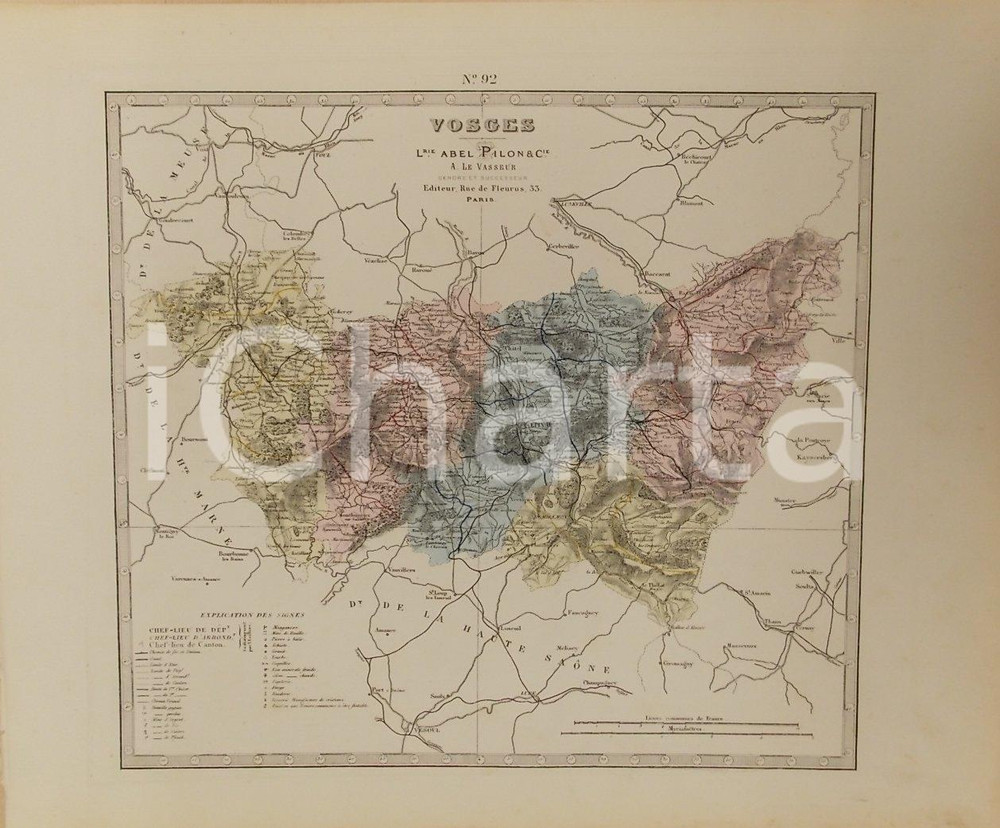 Stampa, bozzetto originale 1870 ca Grand Atlas DÃ©partemental de la France  Vosges Ed. PILON Tav. 92 Mappa 1