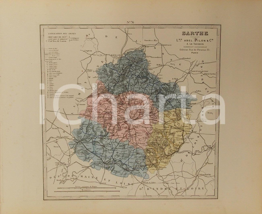 Stampa, bozzetto originale 1870 ca Grand Atlas DÃ©partemental de la France  Sarthe Ed. PILON Tav. 76 1