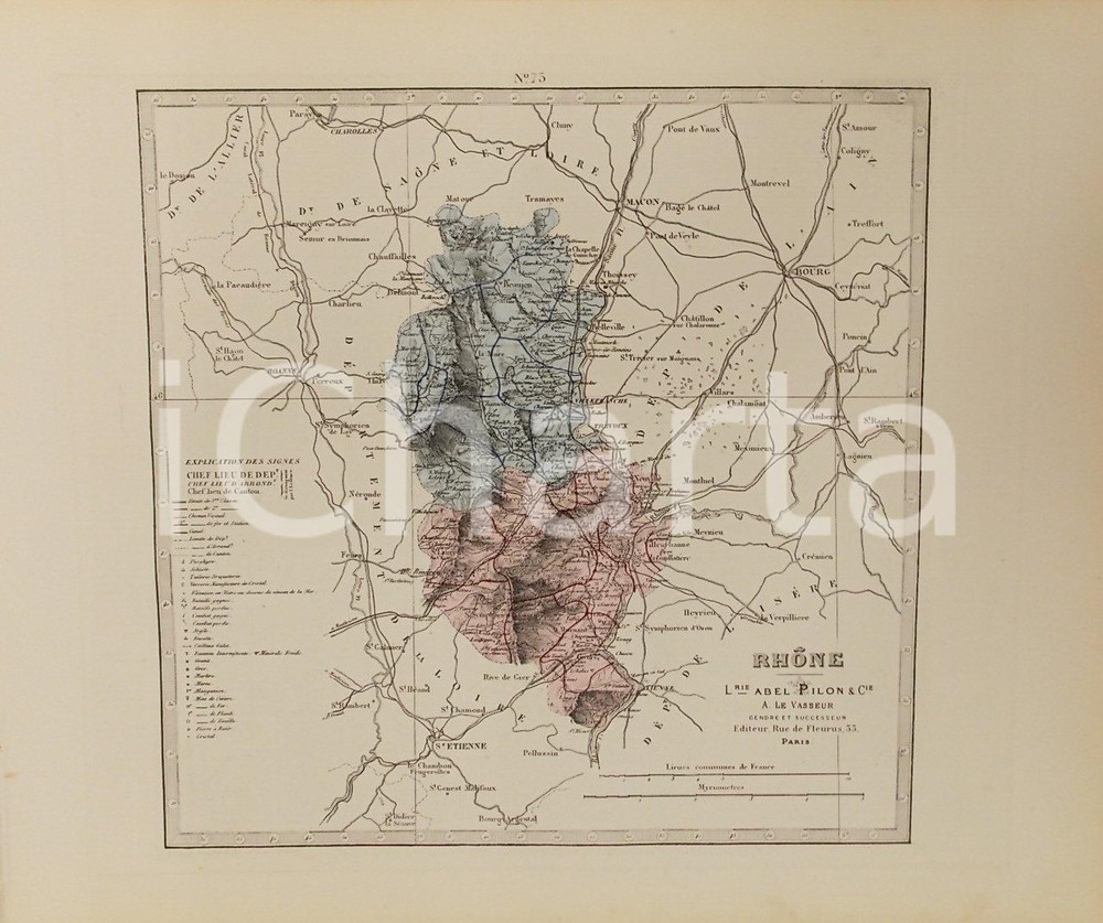 Stampa, bozzetto originale 1870 ca Grand Atlas DÃ©partemental de la France  RhÃ´ne Ed. PILON Tav. 73 Mappa 1