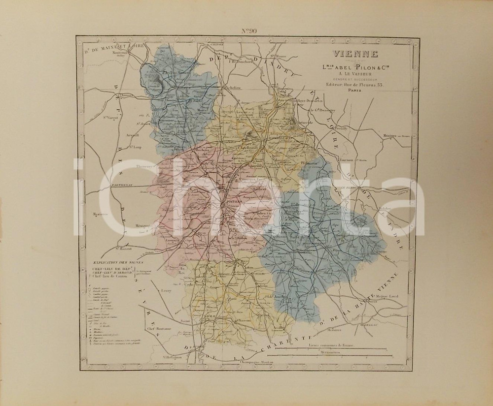 Stampa, bozzetto originale 1870 ca Grand Atlas Départemental de la France  Vienne Ed. PILON Tav. 90 Mappa 1