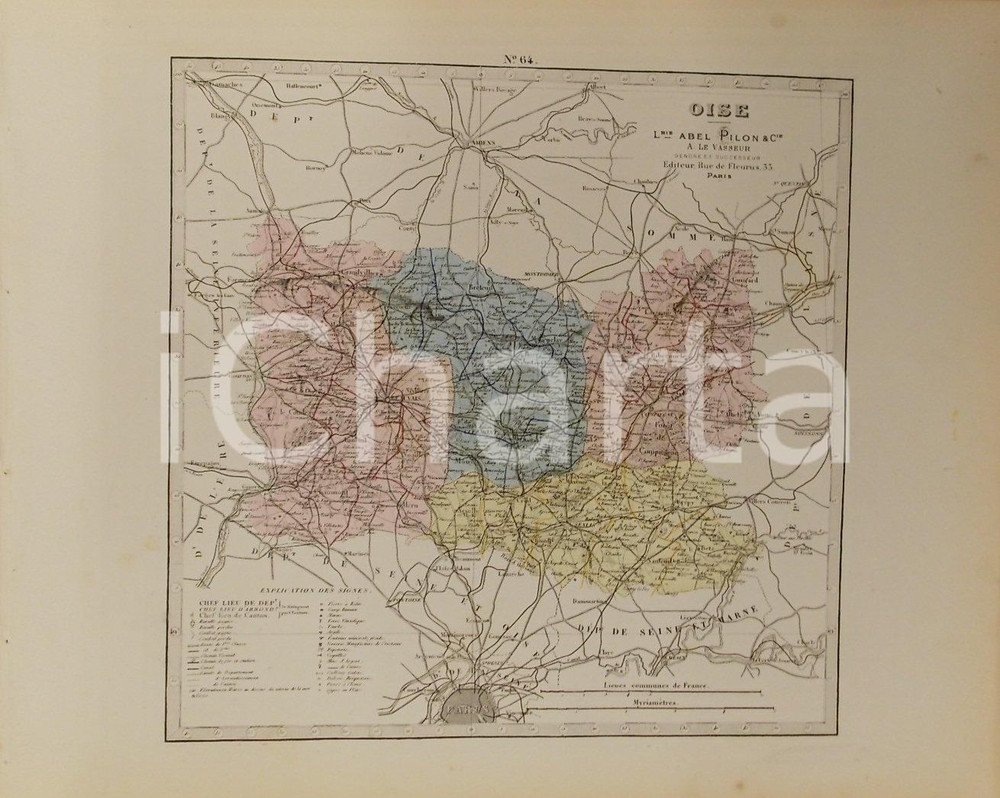 Stampa, bozzetto originale 1870 ca Grand Atlas DÃ©partemental de la France  Oise Ed. PILON Tav. 64 Mappa 1