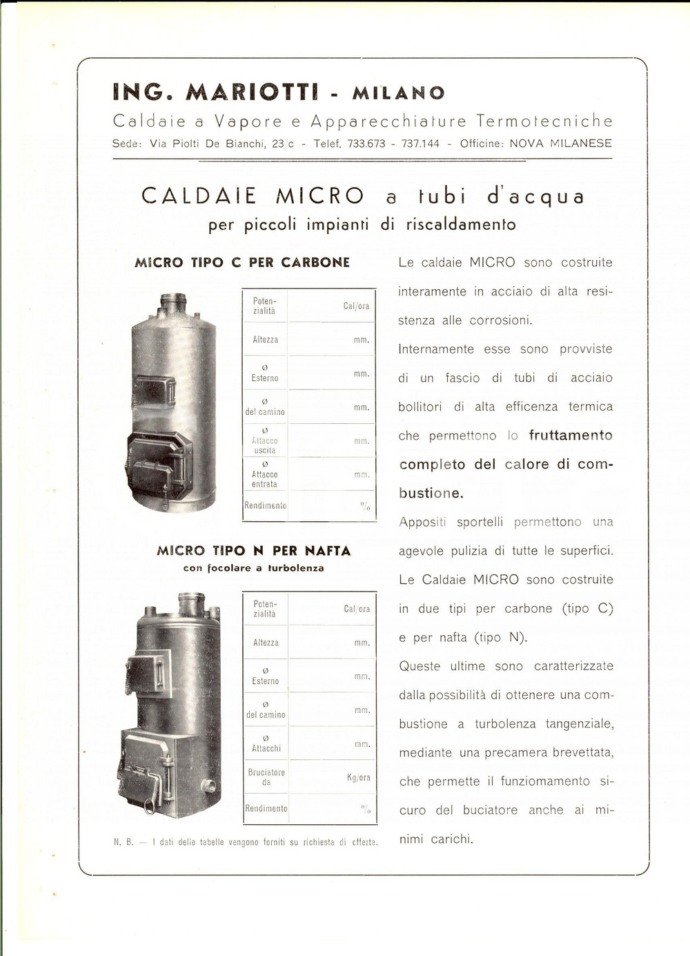 Materiale pubblicitario d’epoca 1950 ca MILANO ING. MARIOTTI  Caldaie MICRO a tubi d acqua PubblicitÃ  1