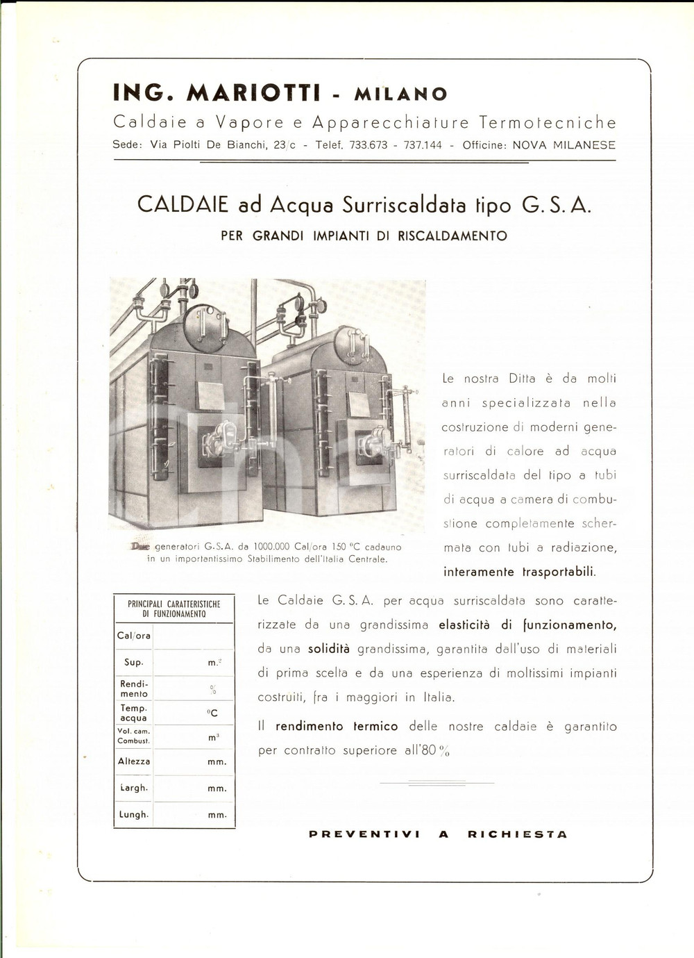 Materiale pubblicitario d’epoca 1950 ca MILANO ING. MARIOTTI  Caldaie ad acqua GSA grandi impianti PubblicitÃ  1