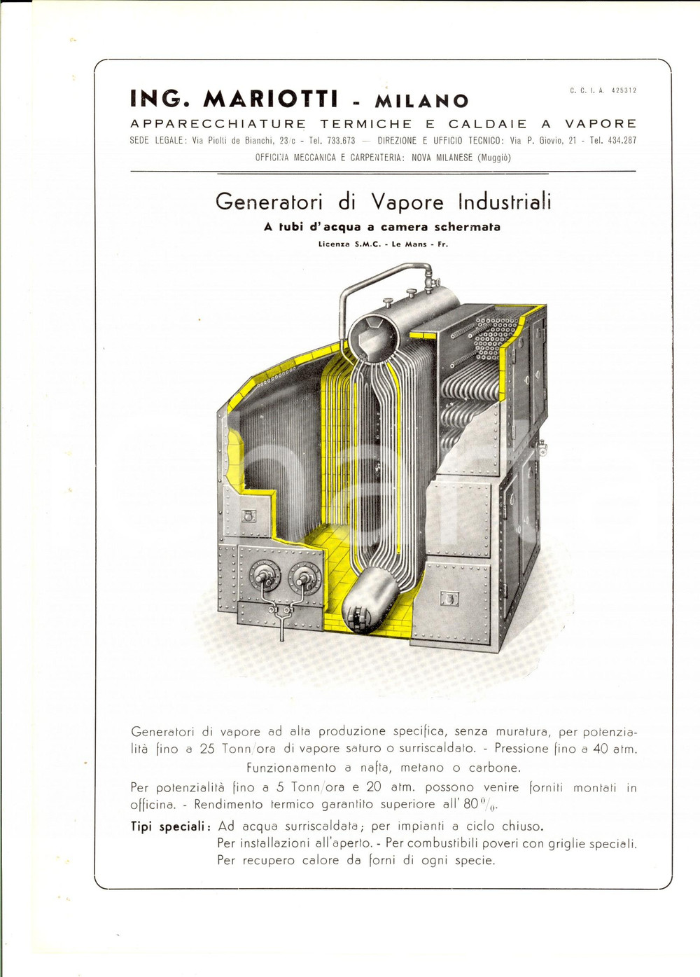 Materiale pubblicitario d’epoca 1950 ca MILANO ING. MARIOTTI  Generatori di vapore industriali a tubi d acqua 1