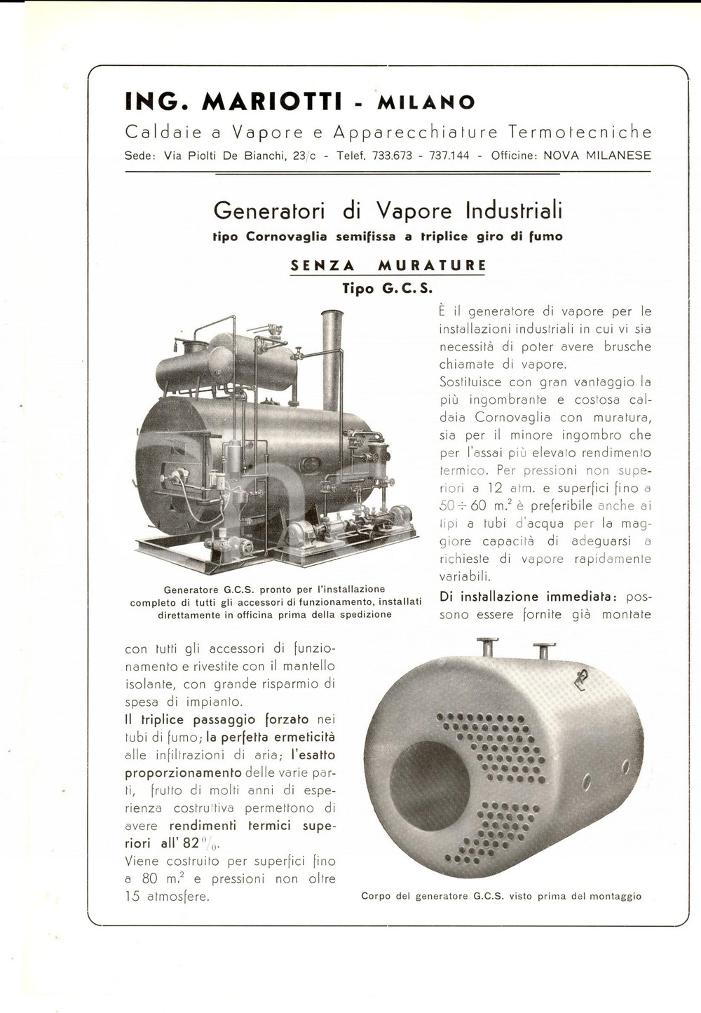 Materiale pubblicitario d’epoca 1950 ca MILANO ING. MARIOTTI  Generatori di vapore tipo CORNOVAGLIA Pubblicità 1