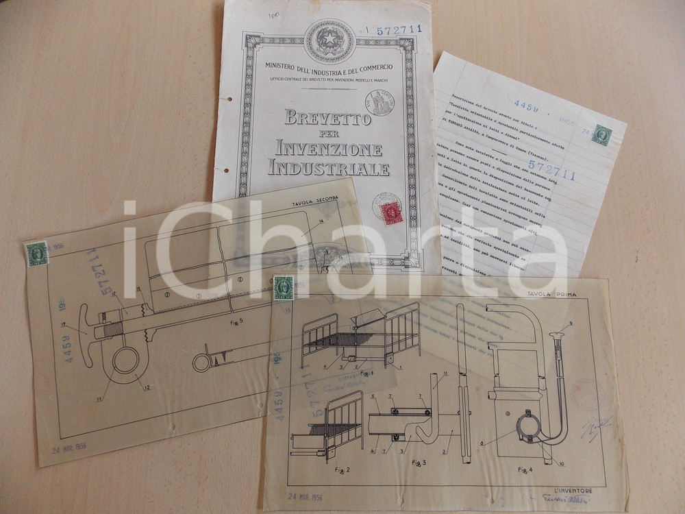 Oggetto da collezione cartaceo 1958 ROMA Brevetto Attilio TESSARI Tavoletta orientabile per letti + disegni 1