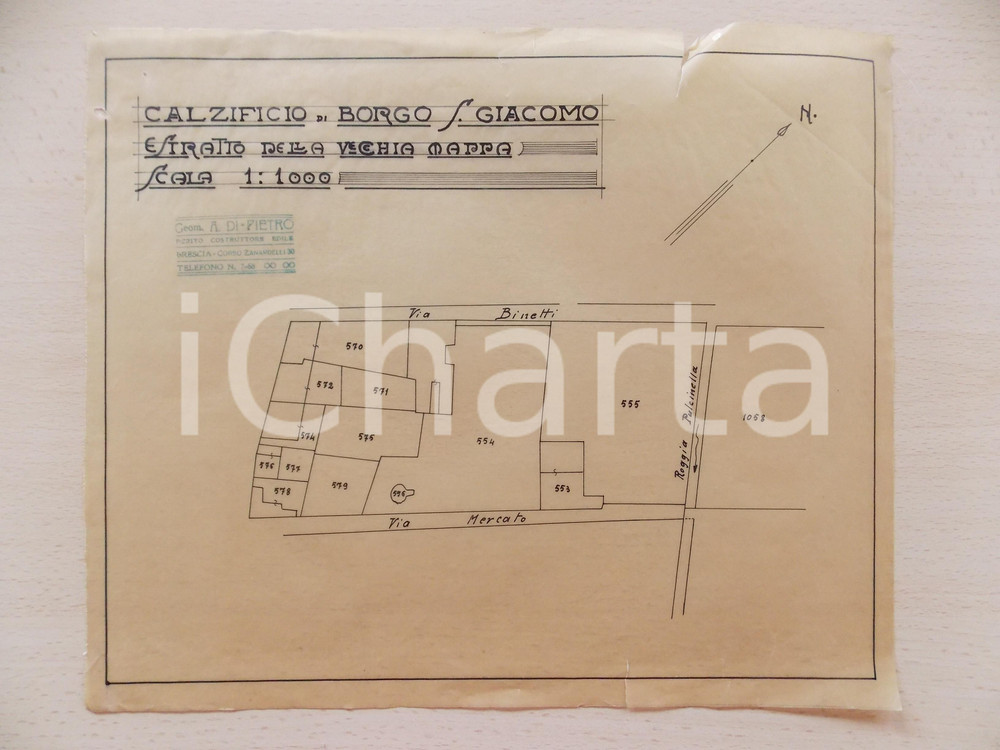 Stampa, bozzetto originale 1920 ca BORGO SAN GIACOMO Planimetria del calzificio Geom. A. DI PIETRO 33x27 1