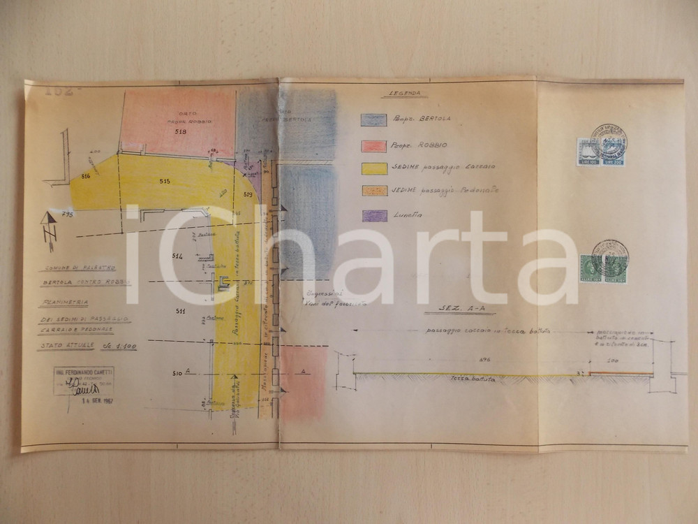 Mappa, planimetria storica 1967 PALESTRO PV Planimetria fondi BERTOLA e ROBBIO Ing. Ferdinando CANETTI 1
