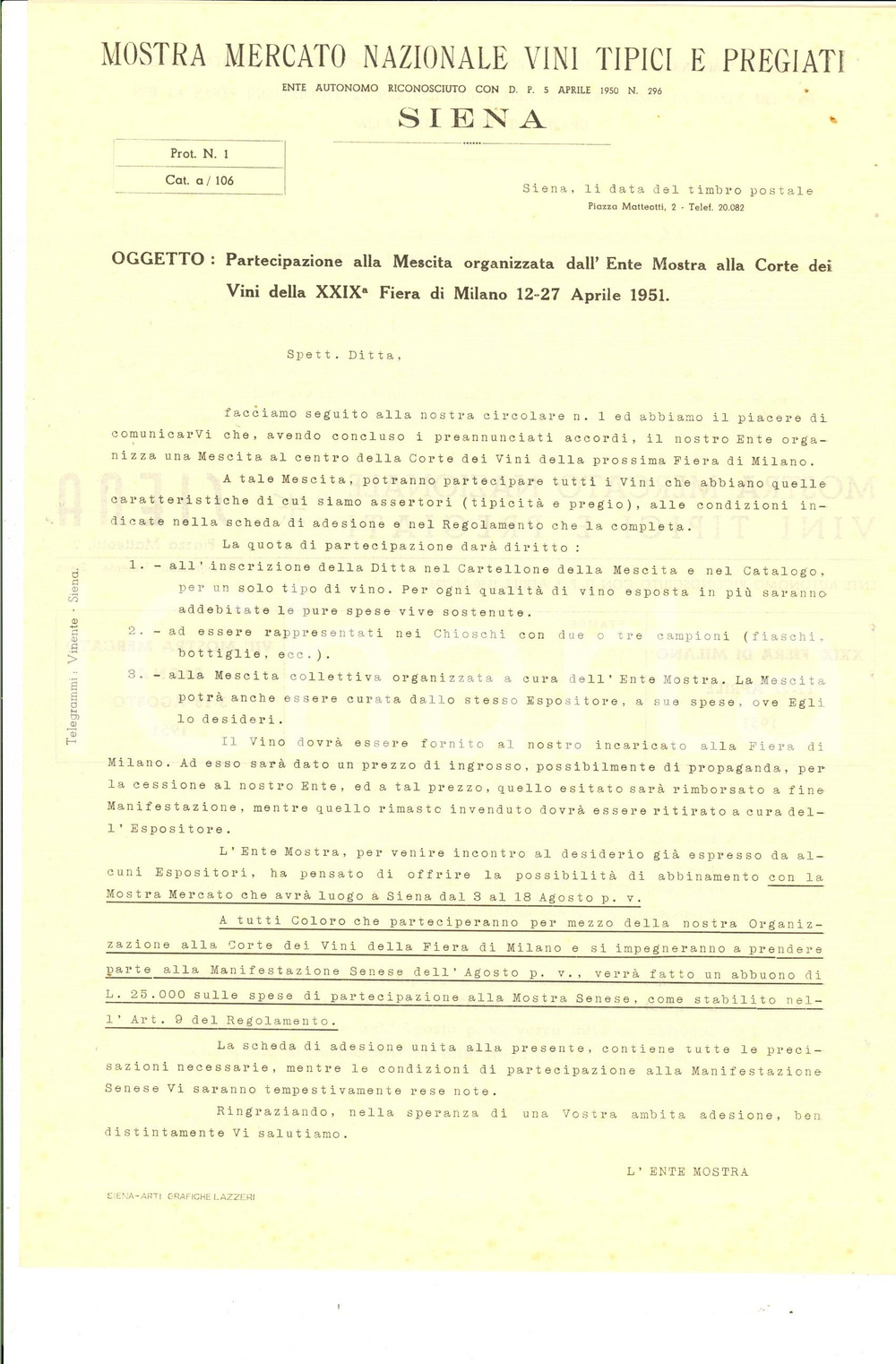 Documento originale, autentico 1951 SIENA Mostra Mercato Nazionale Vini tipici e pregiati alla Fiera di Milano 1