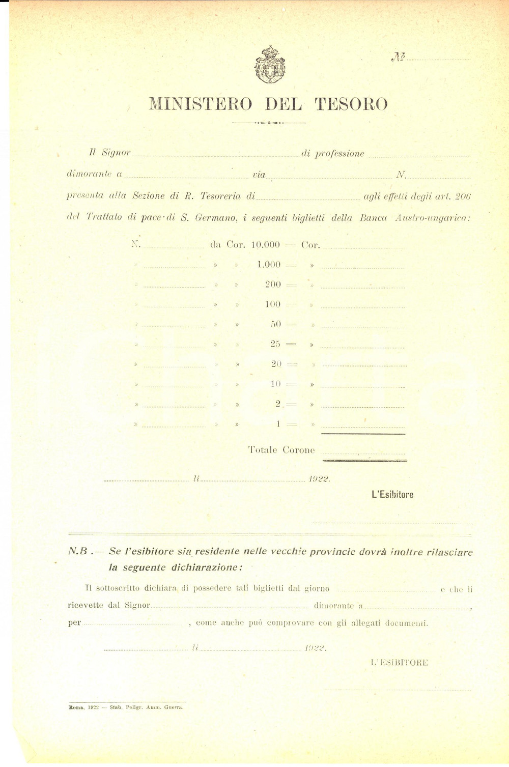 Documento originale, autentico 1922 ROMA Modulo per la conversione dei biglietti della BANCA AUSTROUNGARICA 1