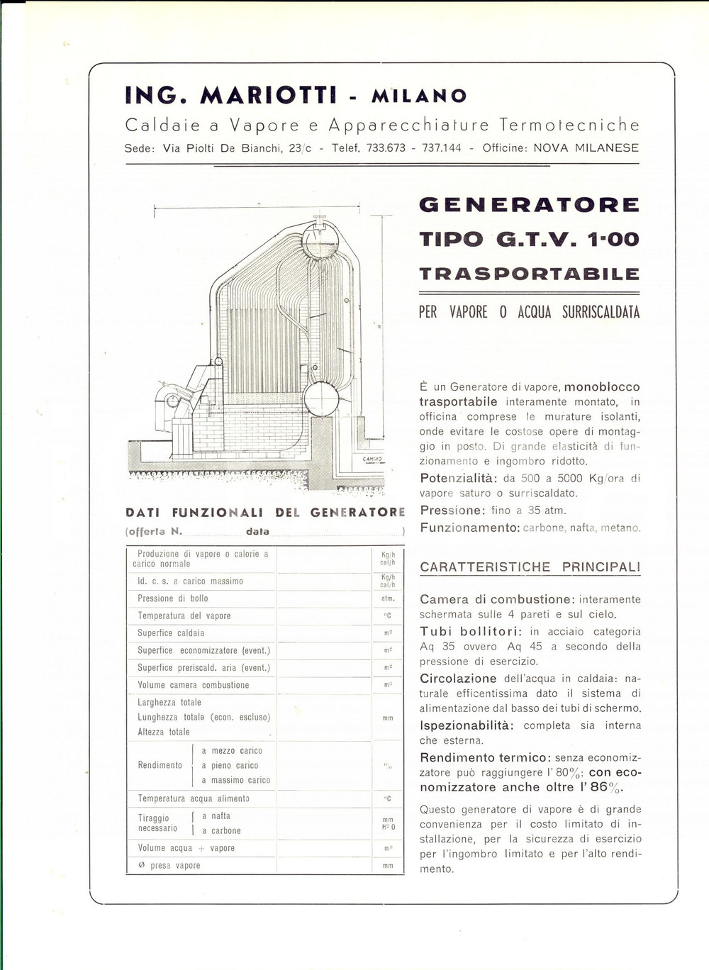 Materiale pubblicitario d’epoca 1950 ca MILANO ING. MARIOTTI  Generatore tipo G. T. V. 100 PubblicitÃ  1