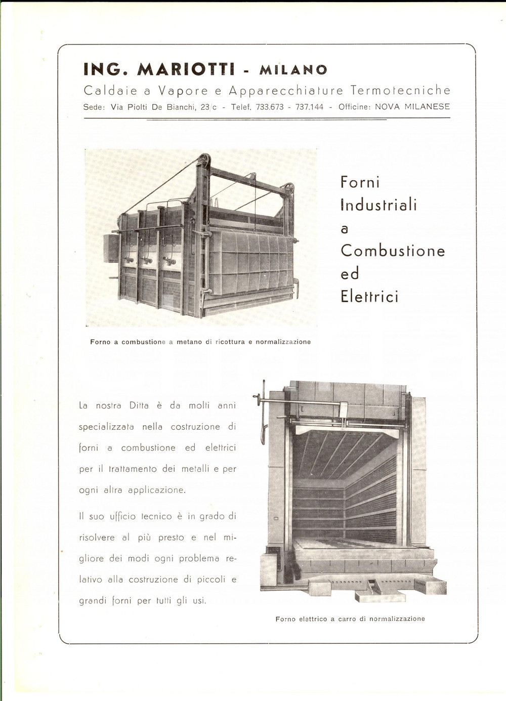 Materiale pubblicitario d’epoca 1950 ca MILANO ING. MARIOTTI  Forni industriali a combustione PubblicitÃ 1