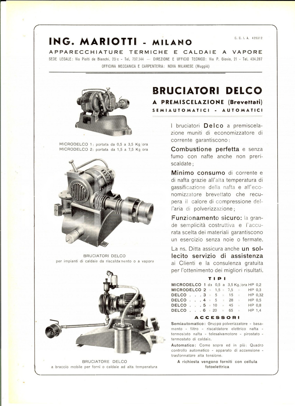 Materiale pubblicitario d’epoca 1950 ca MILANO ING. MARIOTTI  Bruciatori DELCO a premiscelazione PubblicitÃ  1