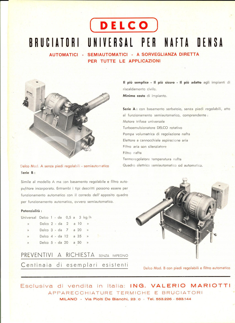 Materiale pubblicitario d’epoca 1950 ca MILANO ING. MARIOTTI  Bruciatori UNIVERSAL per nafta densa PubblicitÃ  1