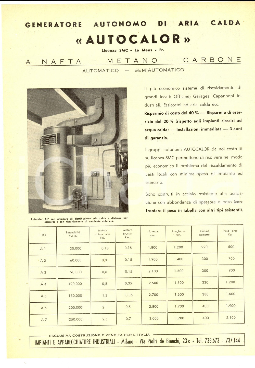 Materiale pubblicitario d’epoca 1950 ca MILANO Generatore autonomo di aria calda AUTOCALOR PubblicitÃ  1