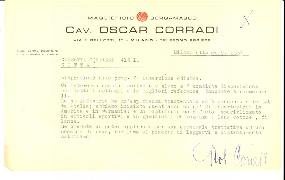 Manoscritto, lettera originale 1957 MILANO Maglificio bergamasco cav. Oscar CORRADI Lettera carta intestata 1