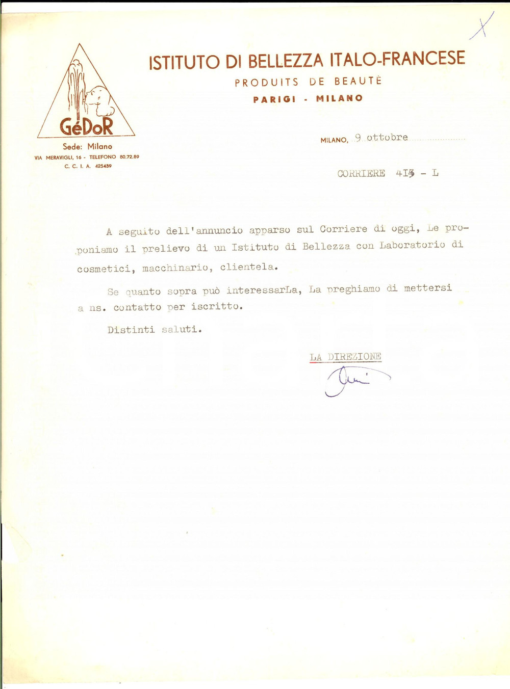 Manoscritto, lettera originale 1970 ca MILANO Istituto di bellezza italofrancese Lettera carta intestata 1