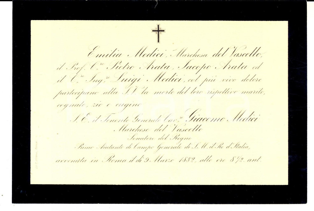 Documento originale, autentico 1882 ROMA Annuncio morte sen. Giacomo MEDICI marchese del Vascello Cartoncino 1