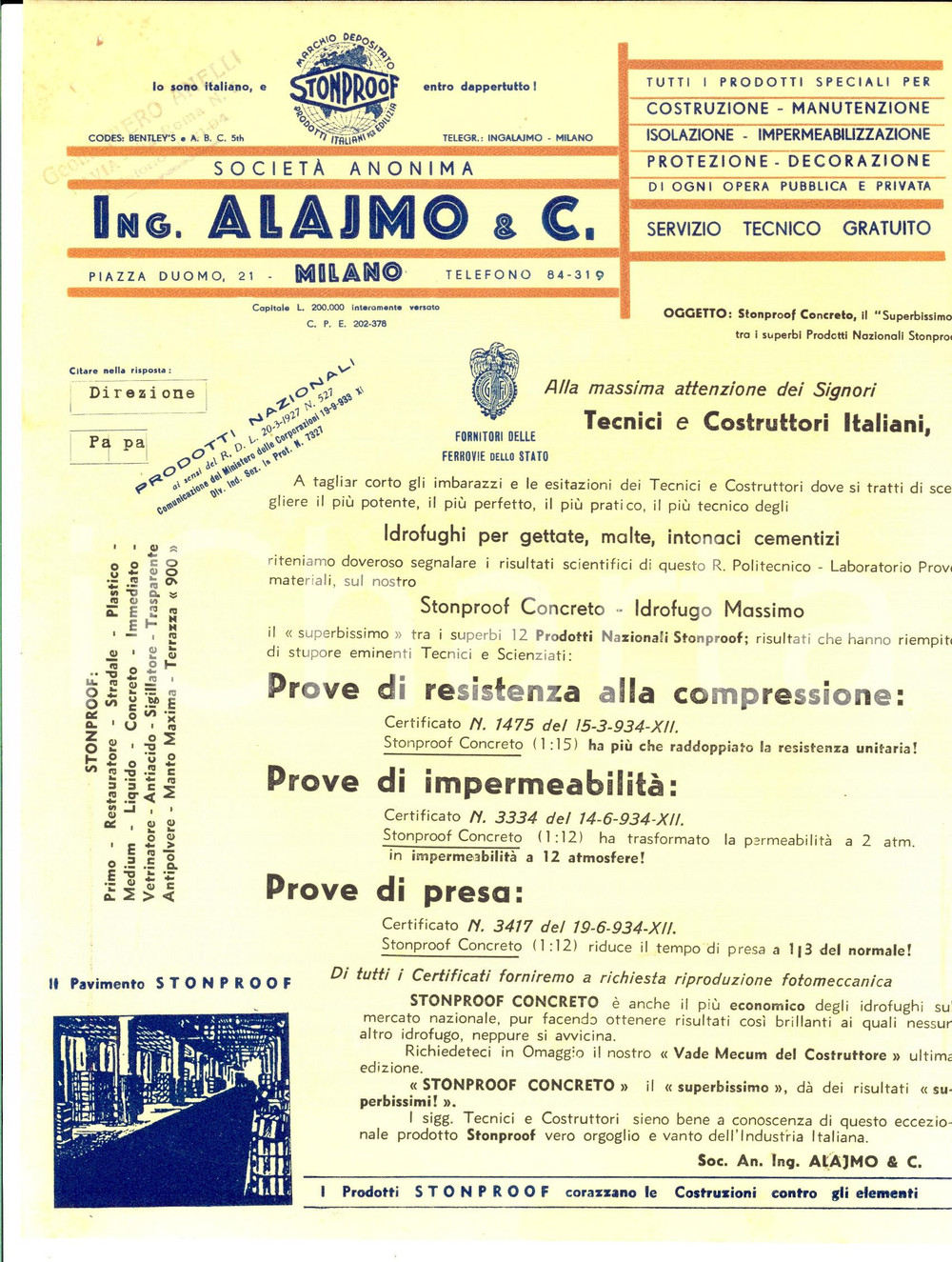 Materiale pubblicitario d’epoca 1955 ca MILANO Ditta Ing. ALAJMO  STONPROOF concreto superbissimo Volantino 1