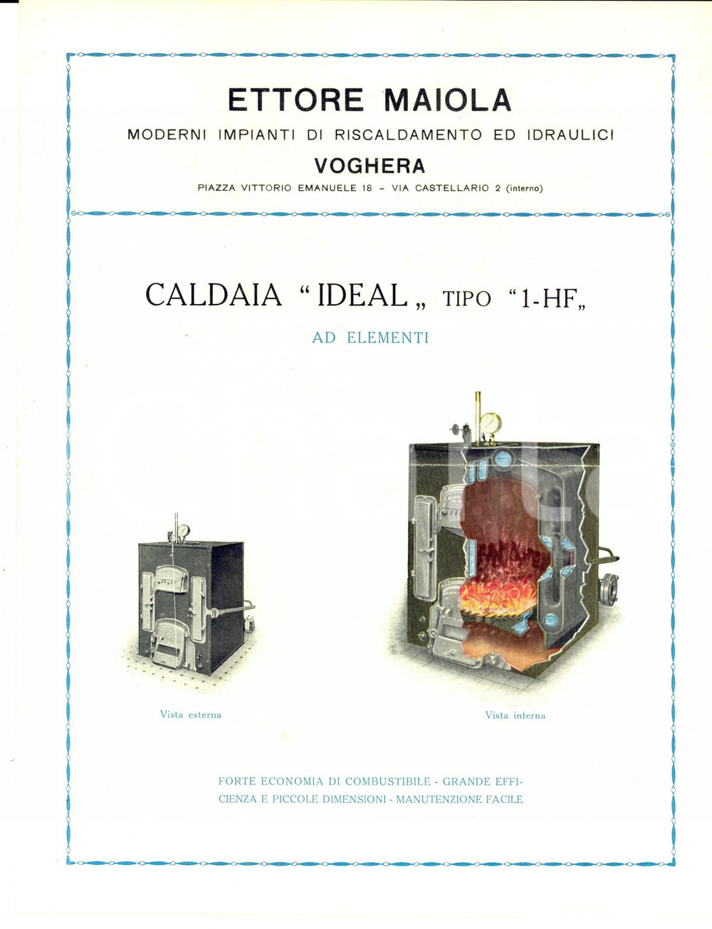 Materiale pubblicitario d’epoca 1950 ca VOGHERA PV Ditta Ettore MAIOLA Caldaia tipo 1HF Volantino ILLUSTRATO 1