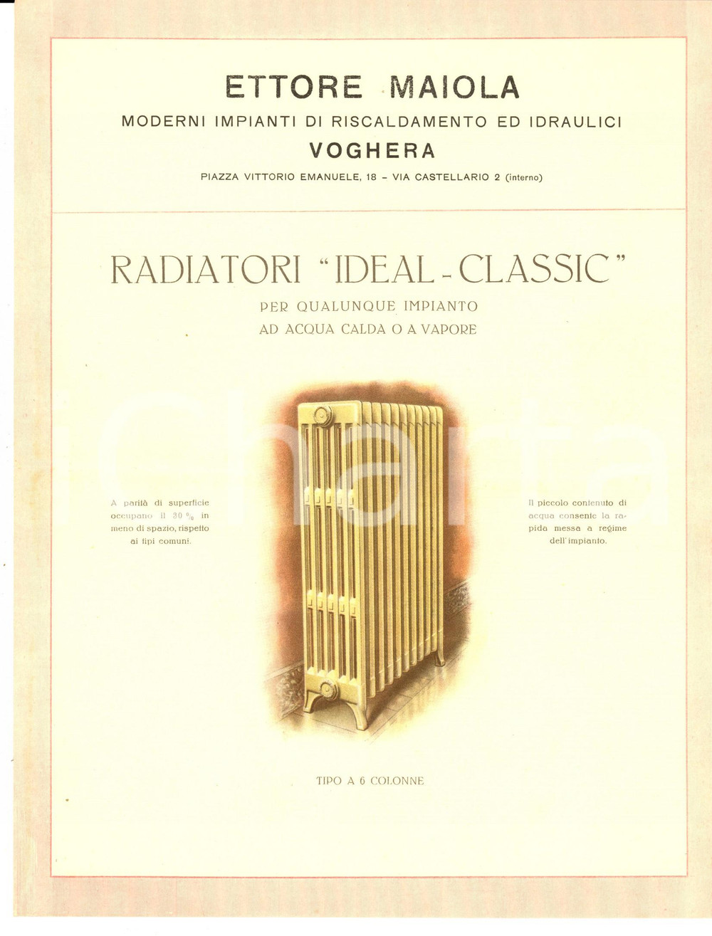 Materiale pubblicitario d’epoca 1950 ca VOGHERA Ditta Ettore MAIOLA Radiatori IDEALCLASSIC 6 Colonne Volantino 1