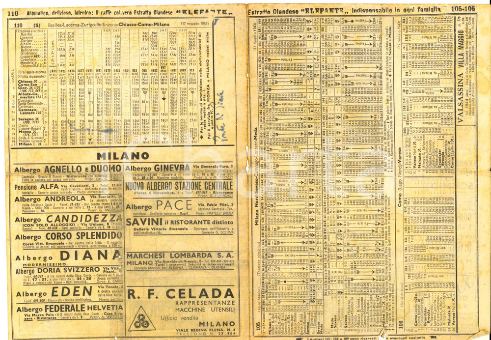 Documento originale, autentico 1943 WW2 Orario ferrovie linee MILANO NORDMEDA COMOVARESE BASILEAMILANO 1