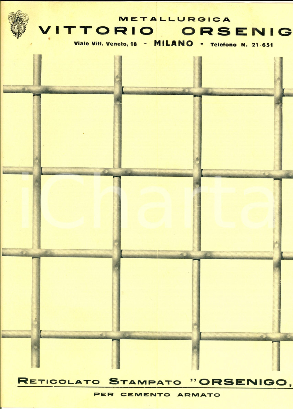 Materiale pubblicitario d’epoca 1935 ca MILANO Reticolato metallico ditta VITTORIO ORSENIGO Volantino 23x30 1