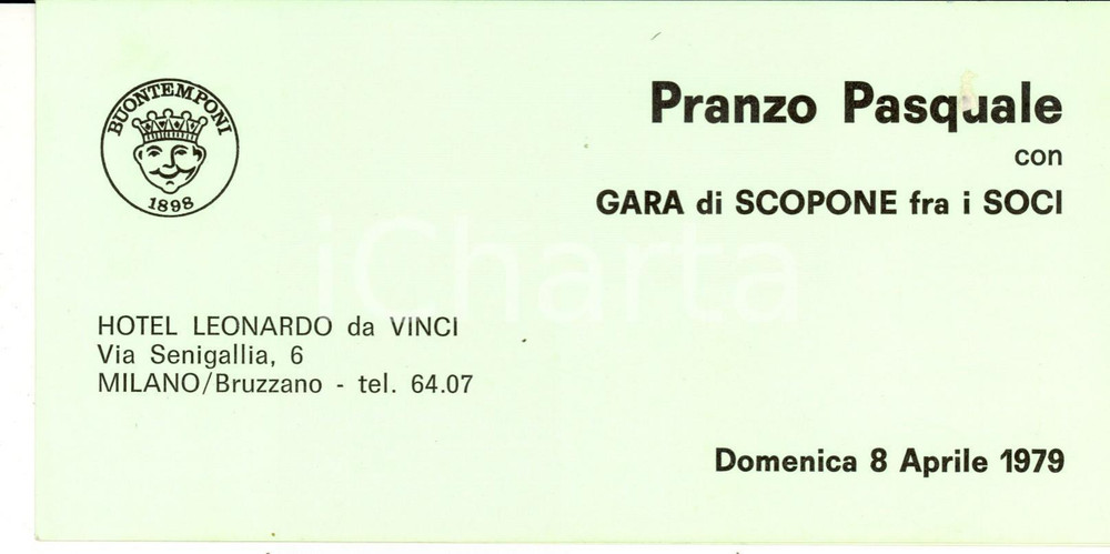 Oggetto da collezione cartaceo 1979 MILANO BRUZZANO ScoietÃ  BUONTEMPONI Pranzo pasquale con gara scopone 1
