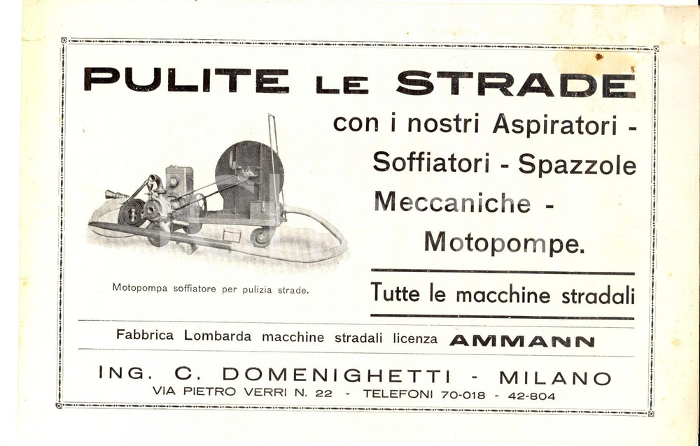Materiale pubblicitario d’epoca 1935 MILANO Ing. C. DOMENIGHETTI Pompe, spruzzatrici e penetrometri Volantino 1