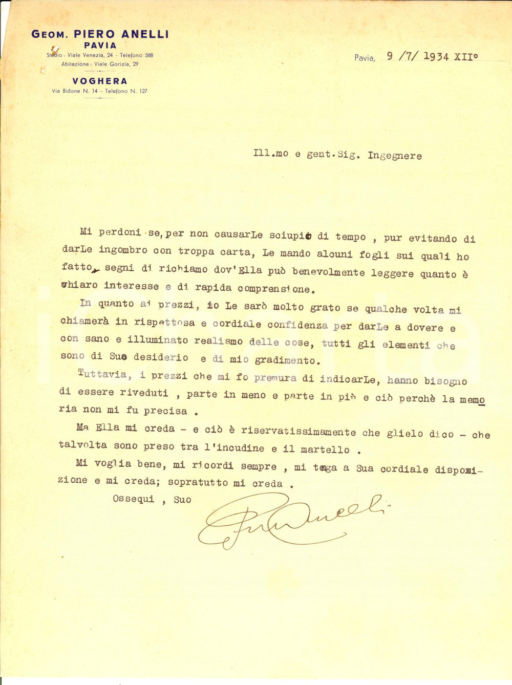 Documento originale, autentico 1934 PAVIA Geom. Piero ANELLI si propone per un lavoro Lettera intestata 1