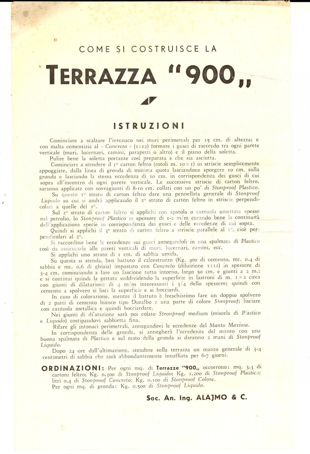 Materiale pubblicitario d’epoca 1950 ca MILANO Istruzione per la  TERRAZZA 900 Ditta ALAJMO Volantino 1
