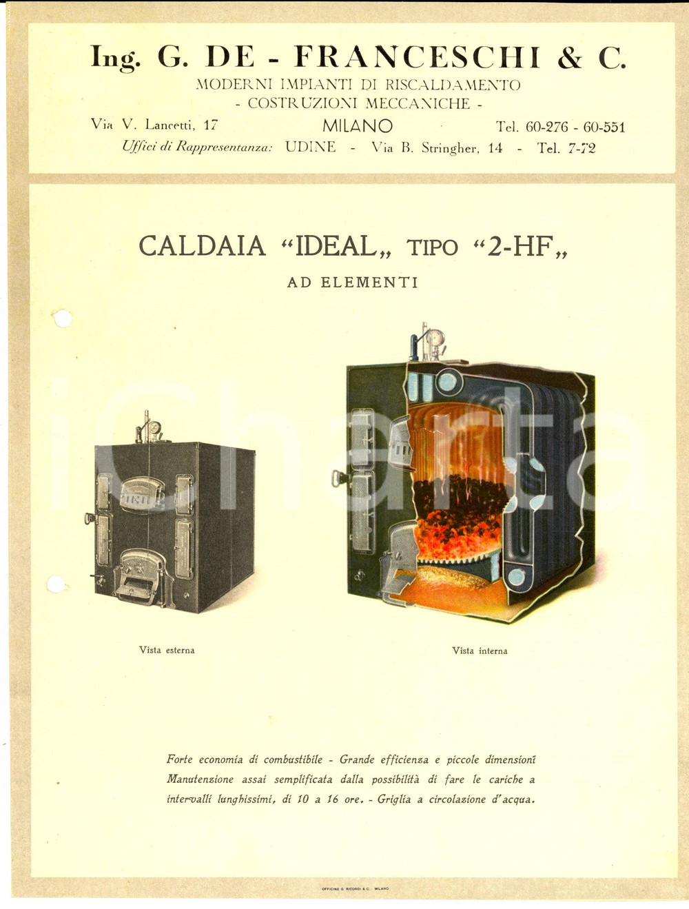 Materiale pubblicitario d’epoca 1950 ca MILANO Ditta ING. DE FRANCESCHI Caldaia tipo 2HF Volantino ILLUSTRATO 1