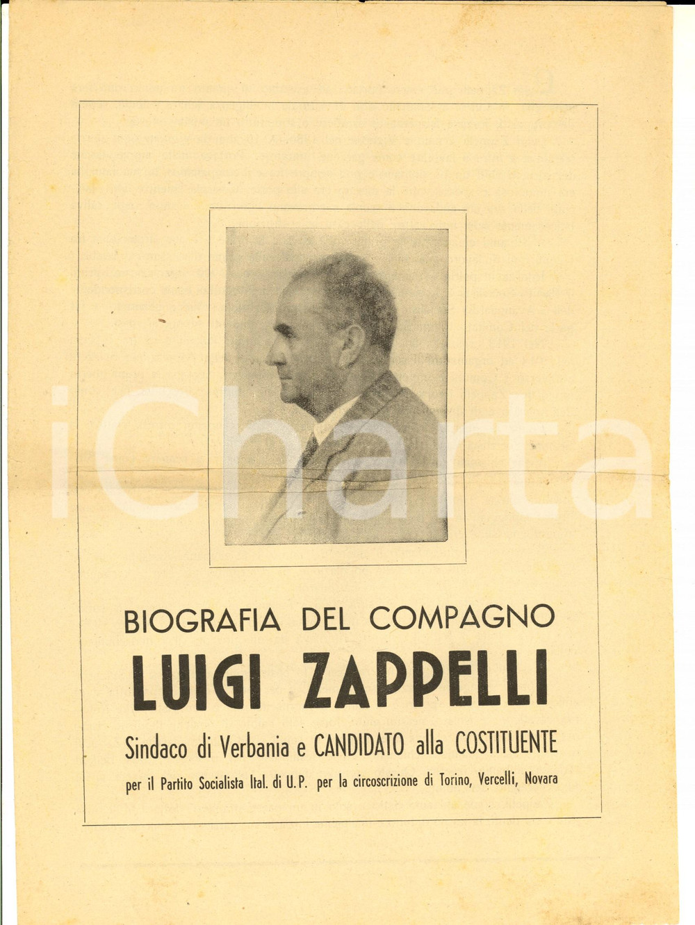 Documento originale, autentico 1946 VERBANIA ASSEMBLEA COSTITUENTE Biografia del compagno Luigi ZAPPELLI 1