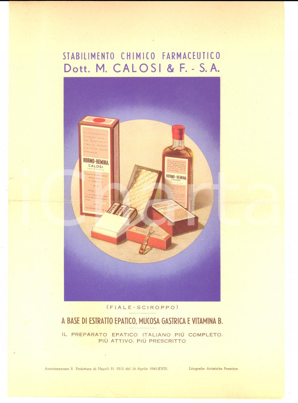 Materiale pubblicitario d’epoca 1941 Stabilimento chimicofarmaceutico CALOSI  PubblicitÃ  HORMOHEMINA PROTOLAC 1