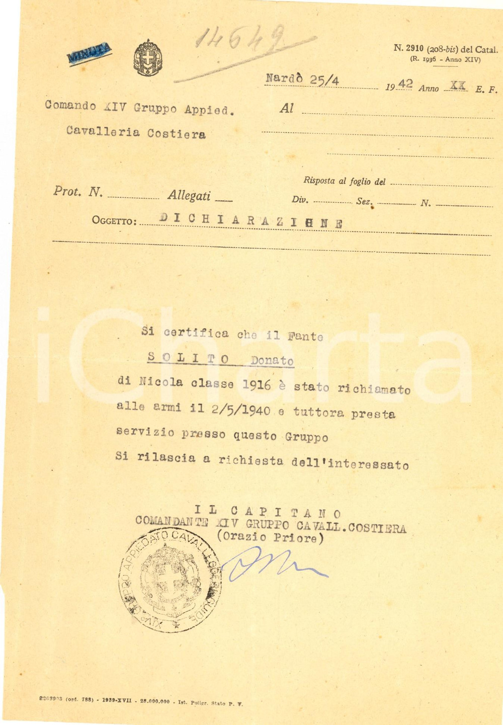 Documento originale, autentico 1942 WW2 NARDO  LE XIV Gruppo Appiedato CAVALLERIA COSTIERA Donato SOLITO 1