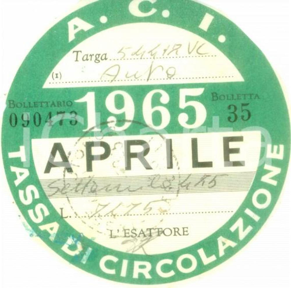 Oggetto da collezione cartaceo 1965 AUTOMOBILE CLUB ITALIA Tassa di circolazione Bollino cm 7 x 7 1