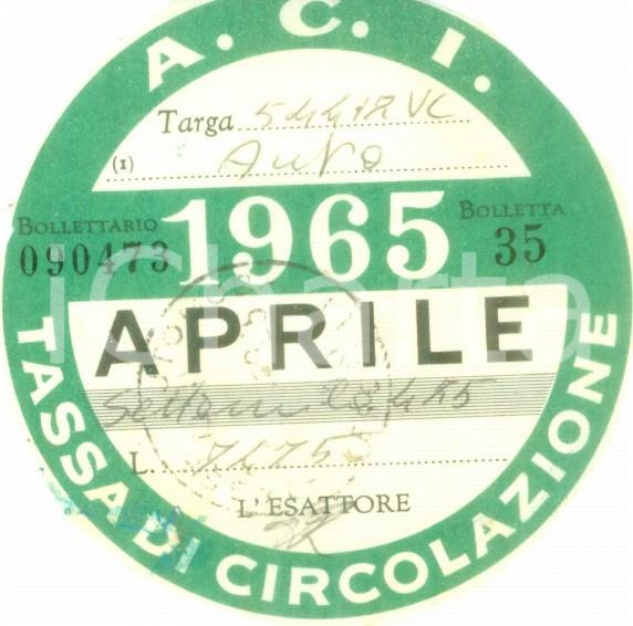 Oggetto da collezione cartaceo 1965 AUTOMOBILE CLUB ITALIA Tassa di circolazione Bollino cm 7 x 7 1