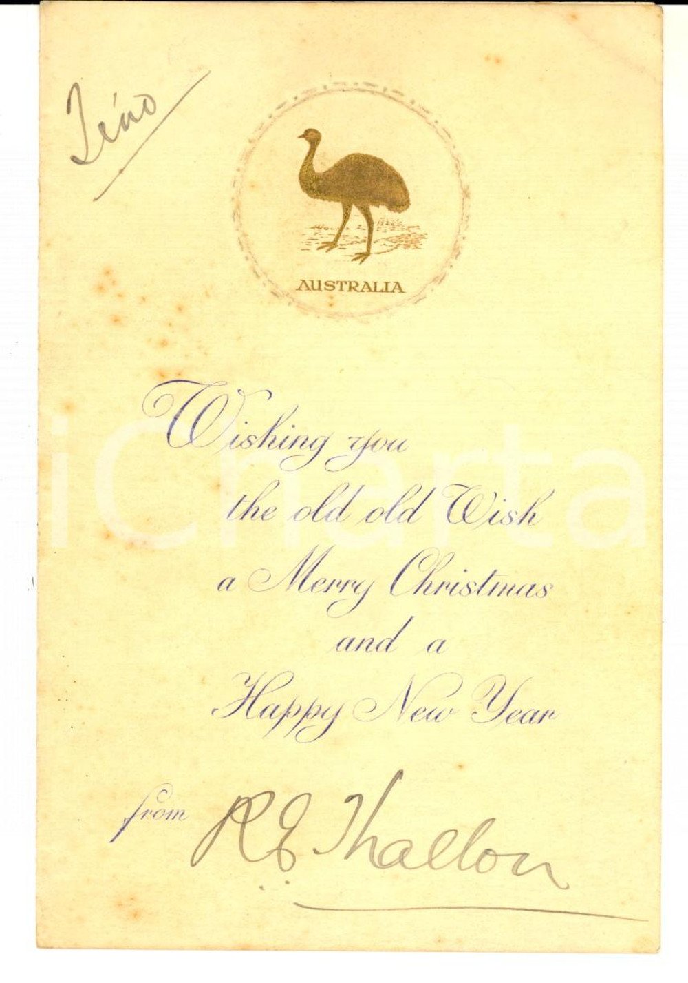 Oggetto da collezione cartaceo 1920 ca THALLON AUSTRALIA Merry Christmas greetings Illustrated emu card 1