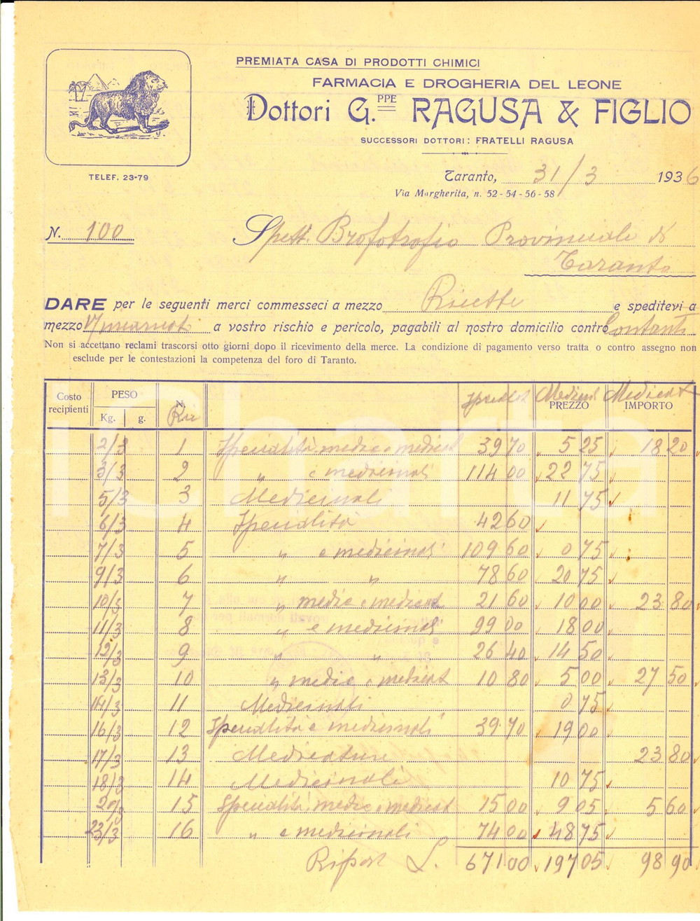 Documento originale, autentico 1936 TARANTO Farmacia dottori Giuseppe RAGUSA & Figlio Fattura intestata 1