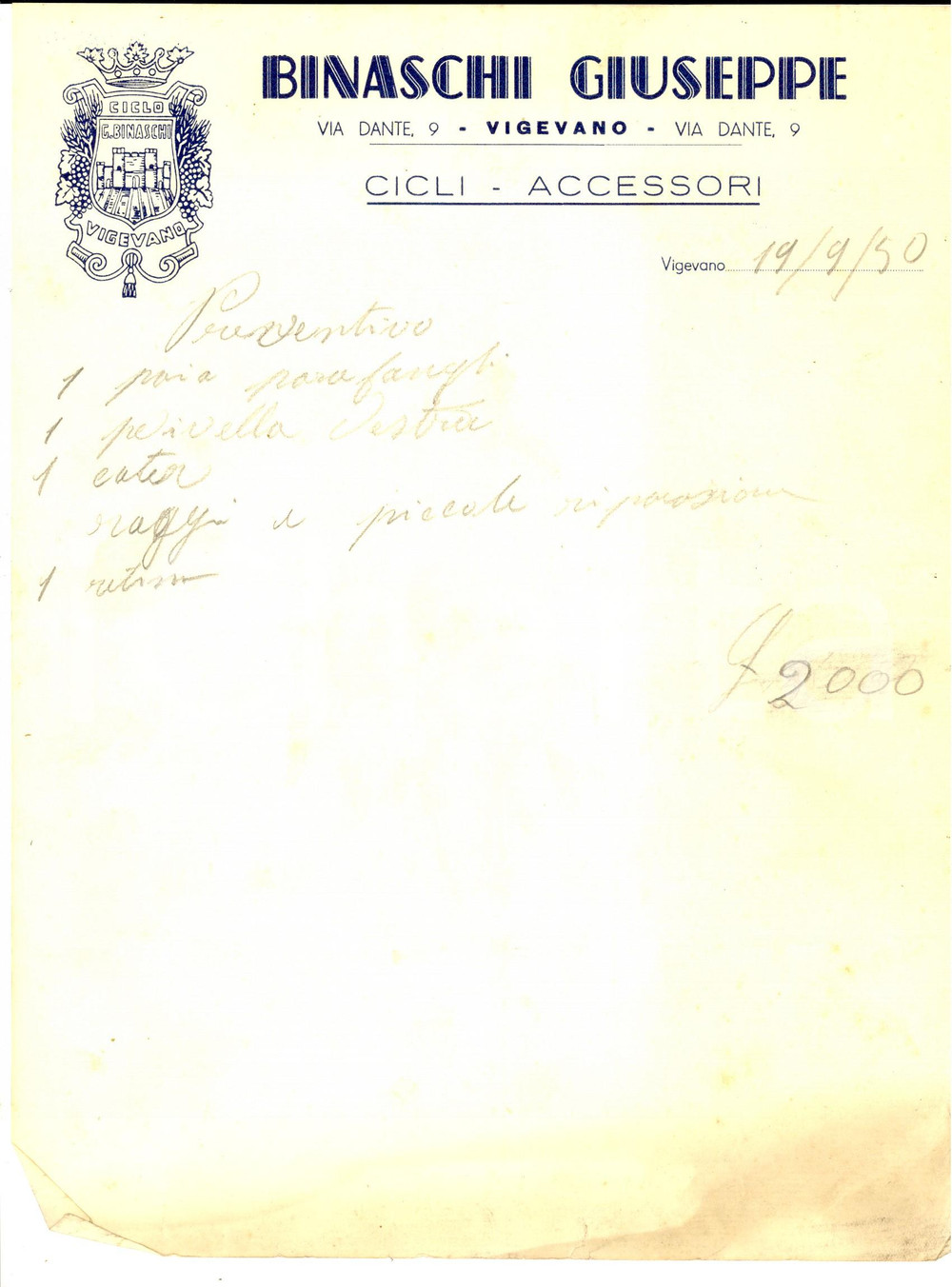 Manoscritto, lettera originale 1950 VIGEVANO PV Giuseppe BINASCHI Cicli accessori Preventivo carta intestata 1