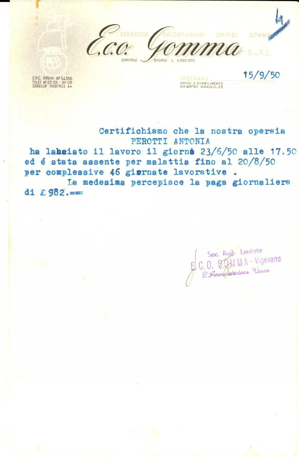 Manoscritto, lettera originale 1950 VIGEVANO PV ECO GOMMA Esercizio calzaturifici Certificato per operaia 1